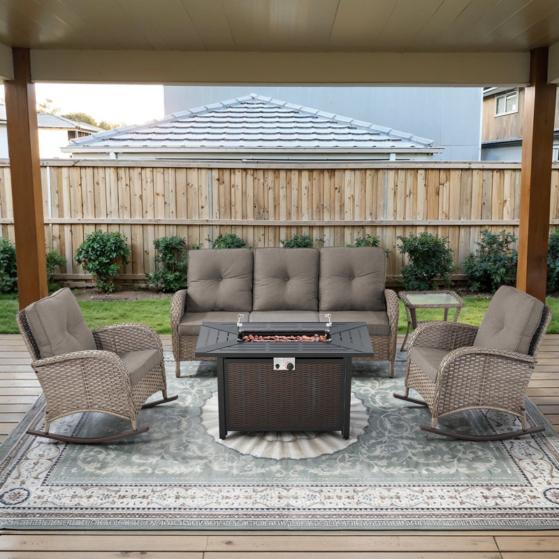 Ensemble de canapé d'extérieur en rotin 5 pièces avec chaises berçantes et foyer, Gris