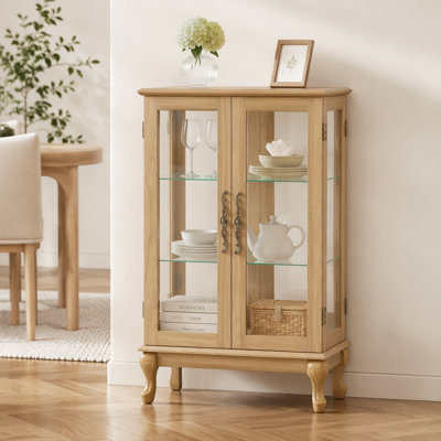 Elegant Curio Cabinet with Tempered Glass Doors, LED Light, Mirrored Back Panel & Adjustable Shelves