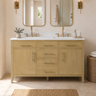 55" Fully Assembled Double Bathroom Vanity Set With Solid Surface White Granite Top and Backsplash