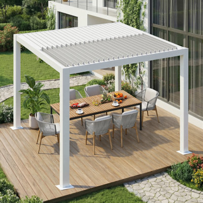  Erommy 10' x 10' Outdoor Pergola with Adjustable Louvered Roof & Integrated Drainage, Heavy-Duty Metal Louvered Pergola without Curtains for Patios, White