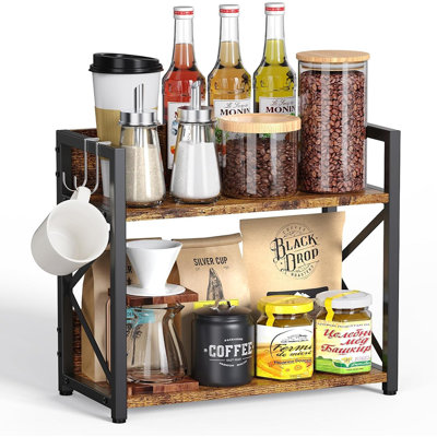 2-Tier Countertop Organizer Shelf, Wooden Spice Rack And Coffee Bar Storage Riser, Kitchen Counter Organizer (Rustic Brown, Large)