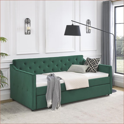 Canapé-lit Lit de jour simple en velours capitonné avec couchette Mid-Century, vert sauge | L 80,5 po x P 44,5 po x H 33,5 po