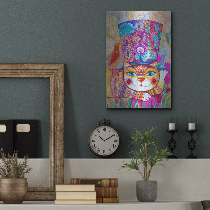 Art mural en métal Red Barrel Studio® «Cat In The Hat 2» par Oxana Zaika, H 16 po x l 12 po