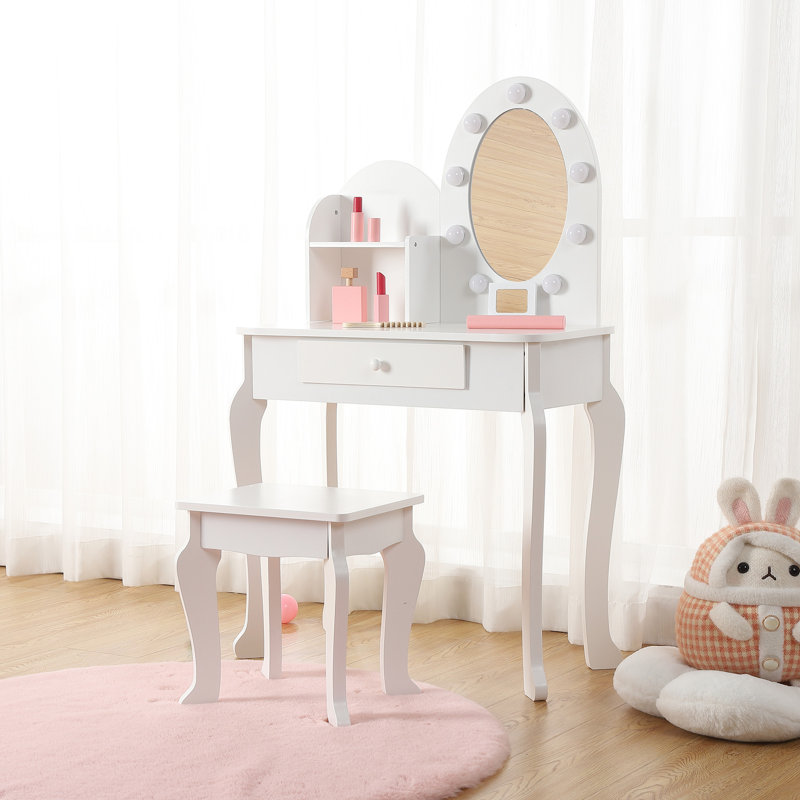 Kids Princess Vanity Set, Little Girl Pretend Play Make Up Vanity Table and Stool with Lighted Mirror, Makeup Playset, Storage Drawer, White Makeup Dressing Desk for Girls