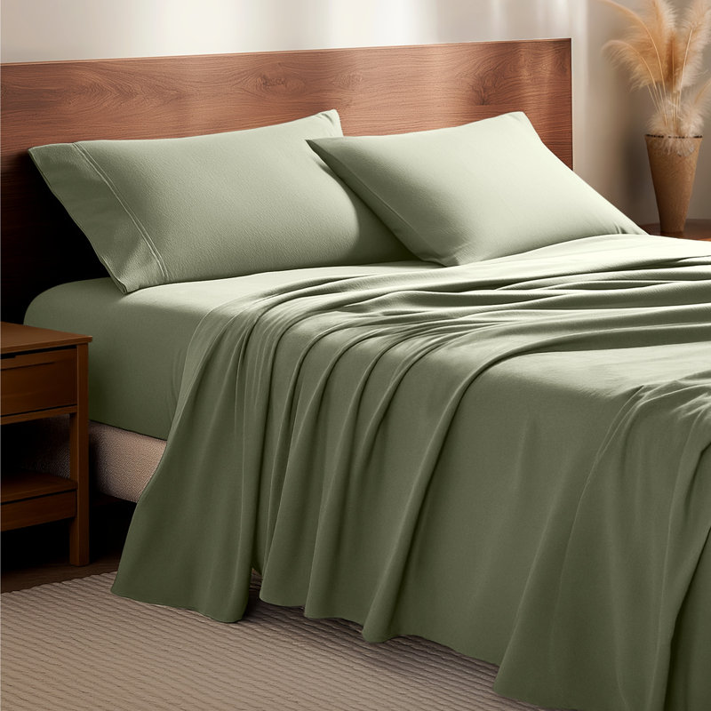 100% Cotton Flannel Sheet Set, King Sheet Set with 2 Pillowcases, Sage
