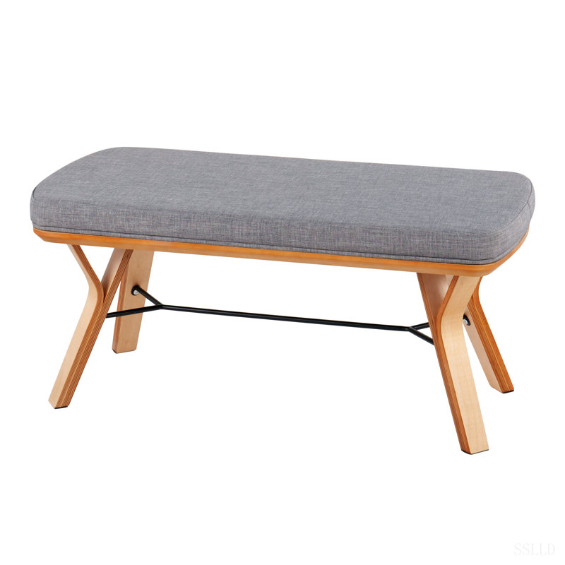 Banc Folia Mid-Century moderne en bois naturel et tissu, Grey, Grey