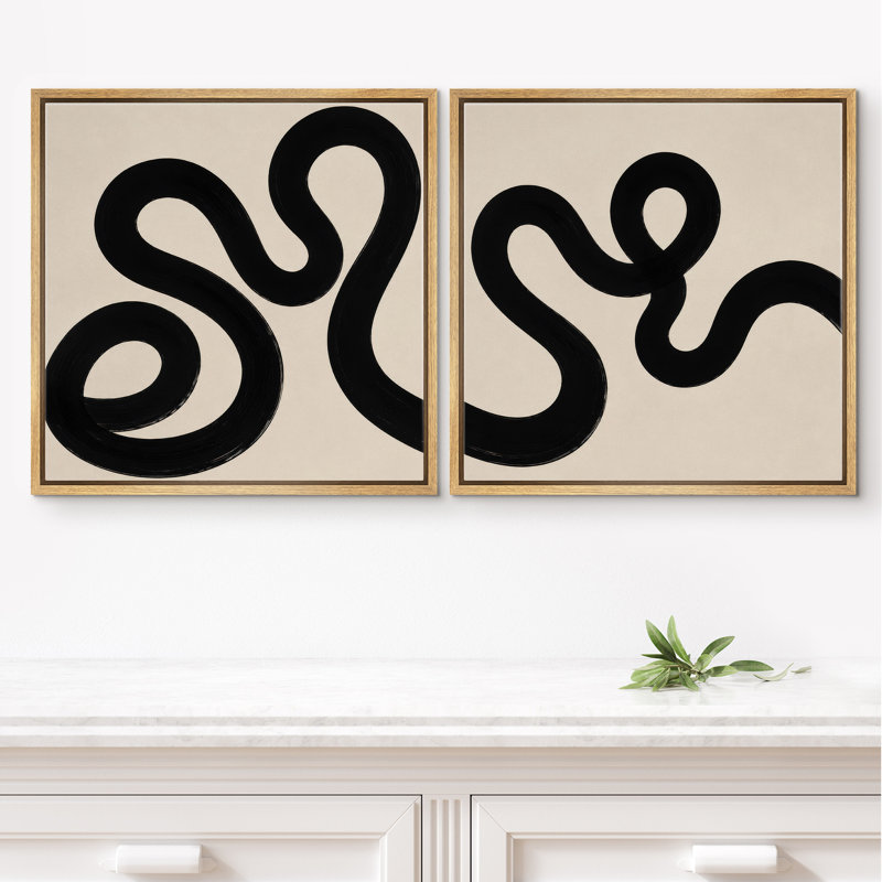 «Minimal Abstract Curved Line Art Neutral Art, Natural Framed, 24" H x 24" W x 1.5" D