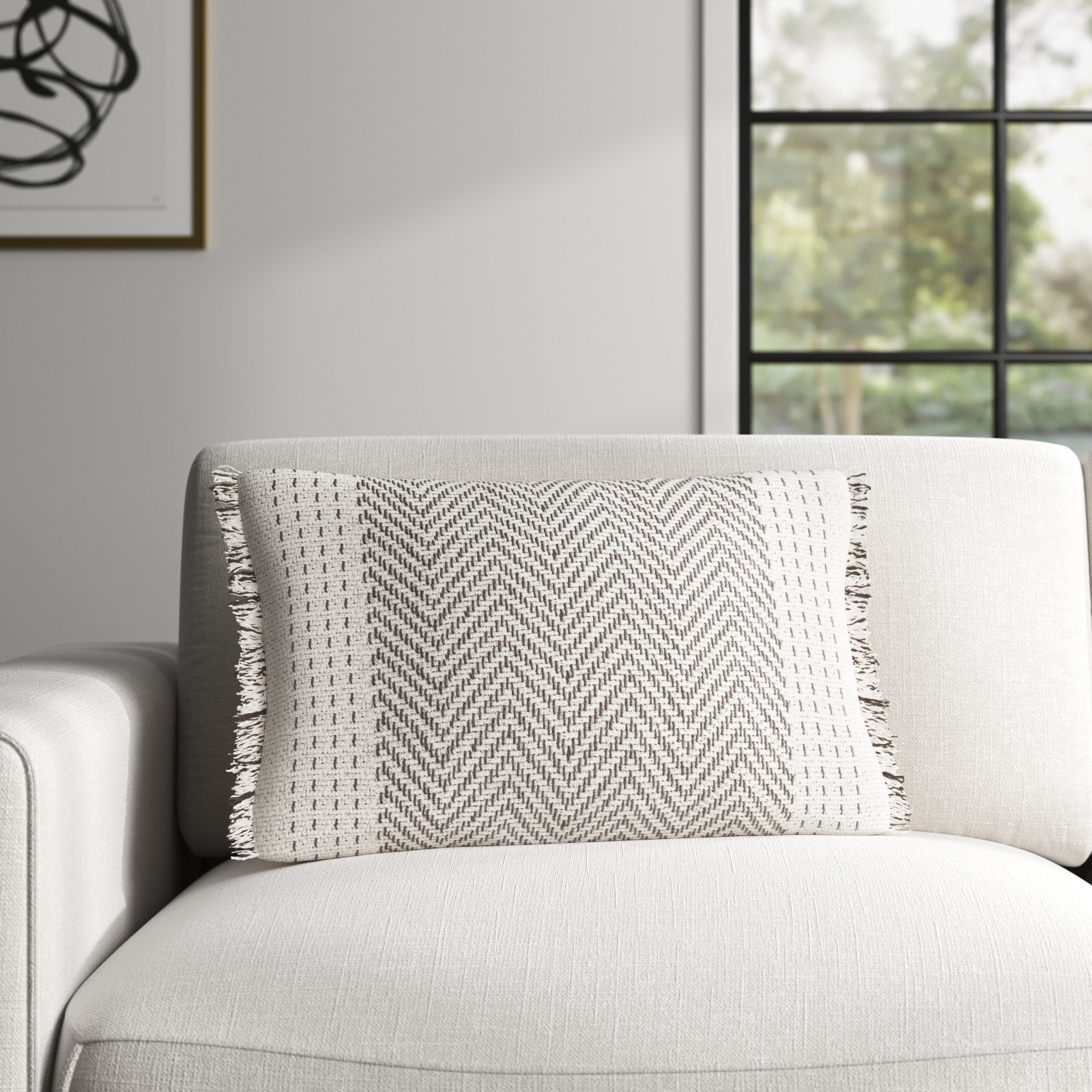 Carey Fringed Cotton Lumbar Throw Pillow, Polyester/Polyfill, Gray/Ivory