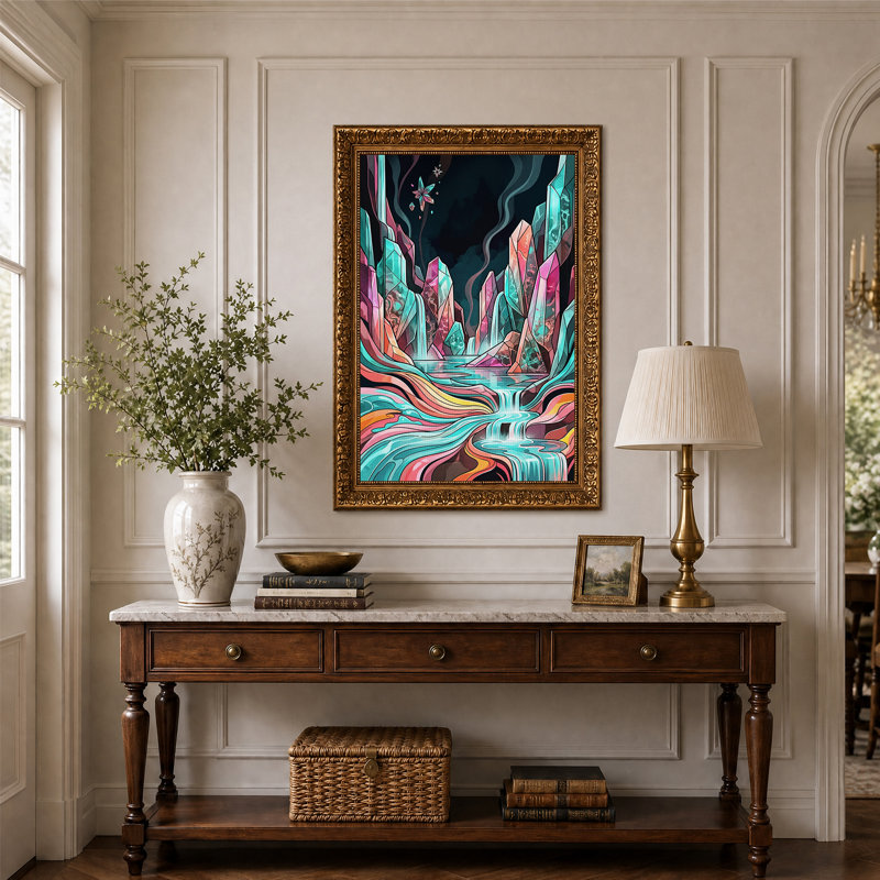 Tableau sur toile représentant une grotte de cristal fantastique turquoise et rose, H 24 po x l 16 po
