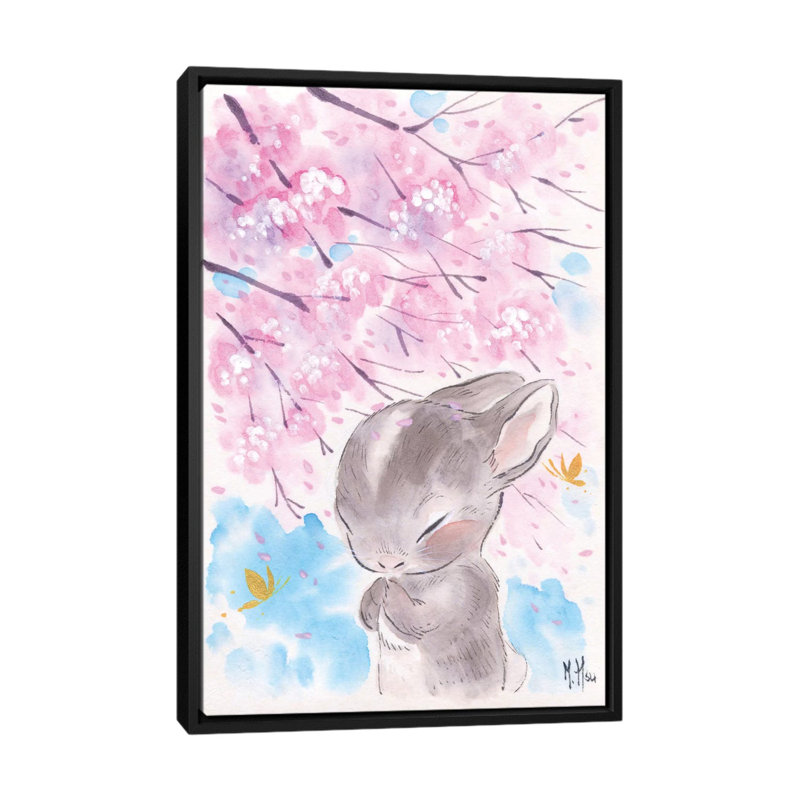 Cherry Blossom Wishes - Cottontail by Martin Hsu - Painting on Canvas, 66.04 cm H x 45.72 cm W, Black Framed
