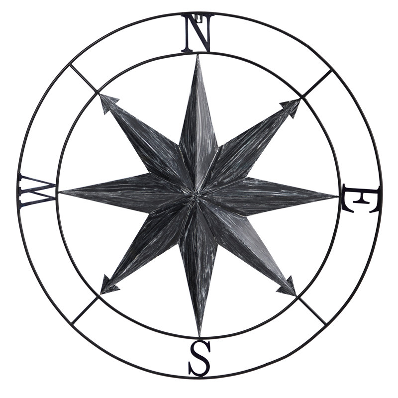 40-Inch Washed Black Metal Nautical Compass Wall Art