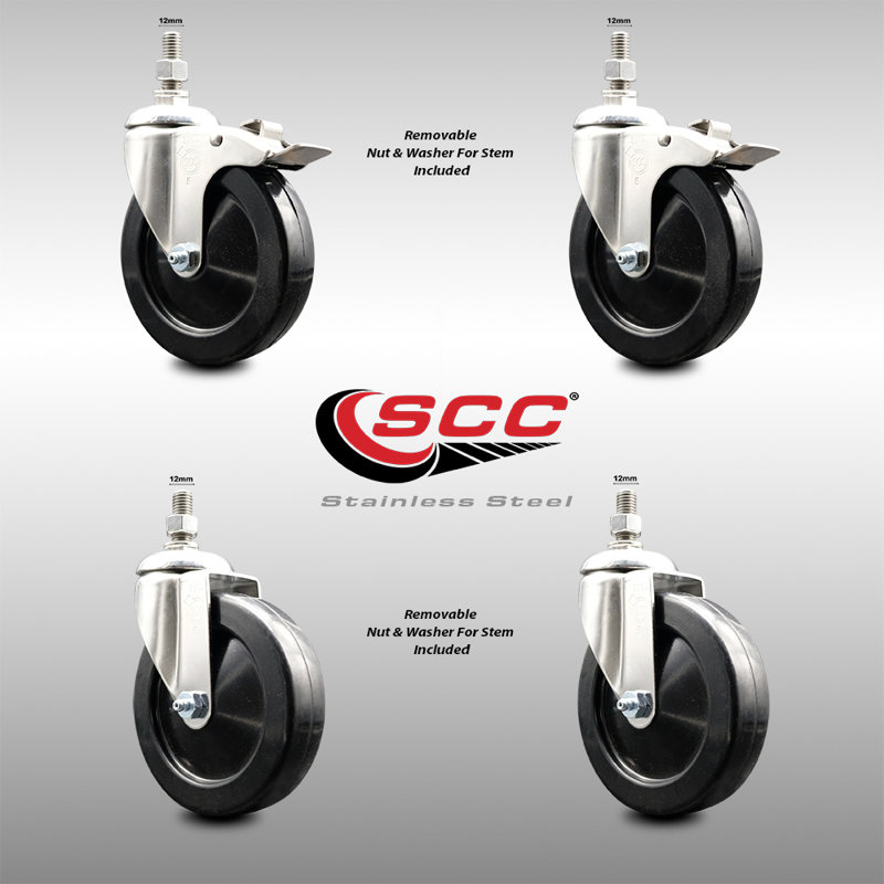316SS Hard Rubber Swivel Threaded Stem Caster Set 2 Lock Brake
