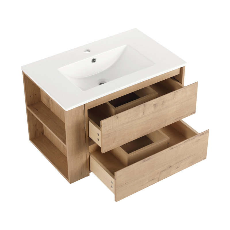 Wall Mount Bathroom Vanity With Ceramic Basin - 2 Soft Close Drawers, , Imitative Oak Color Mounted Basin, Classic,