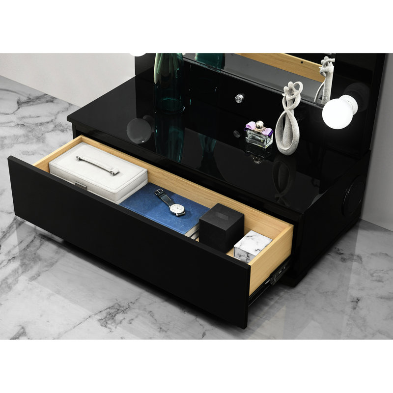 Miroir noir avec haut-parleurs intégrés et un tiroir, ampoules à DEL à l'intérieur, matériau en verre, bois d'hévéa massif + design, rehaussement de chambre à coucher, lumières latérales spacieuses incluses, construction,