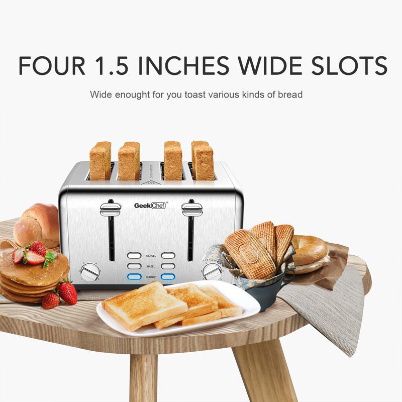 4 Slice Stainless Steel Toaster with Extra Wide Slots, Dual Independent Controls, and 6 Browning Levels