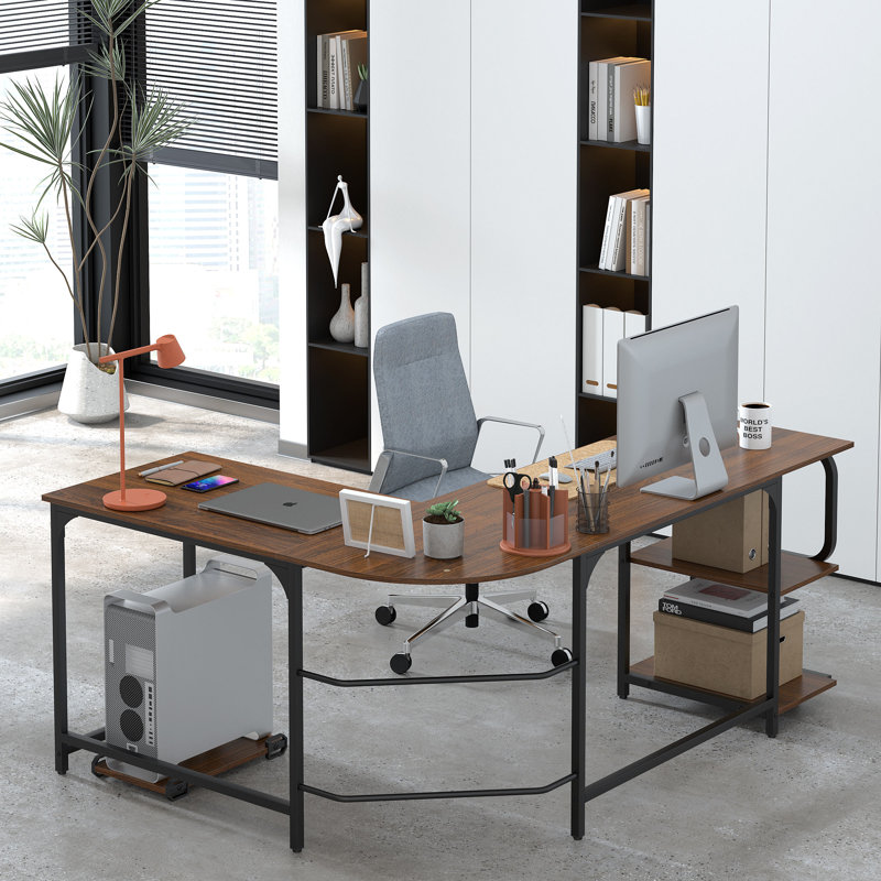 L-Shaped Metal Base Computer Desk, Dark Teak/Black, 29.3" H x 68.9" W x 53.1" D
