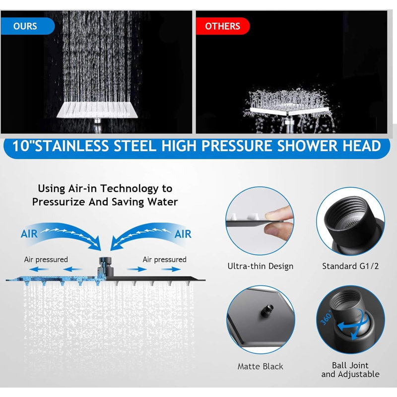 Matte Black Adjustable Height Rain Shower Head Combo with Handheld