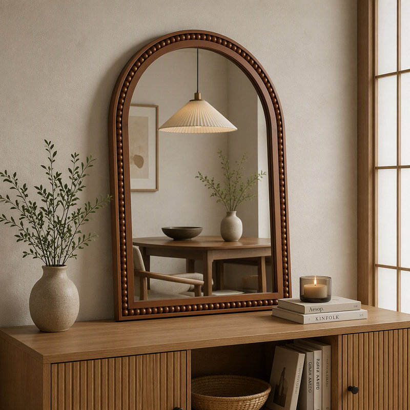 Miroir mural arqué 20×30 pouces avec cadre en bois massif orné de perles, Noyer foncé