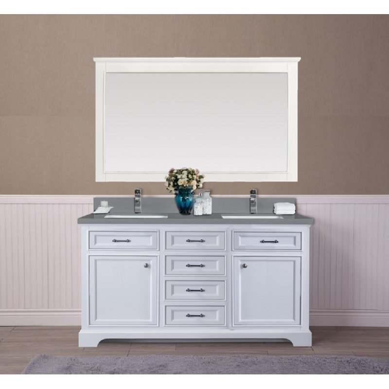 Ensemble de meuble-lavabo double 60 po avec miroir Harkness, Comptoir en quartz gris Calypso