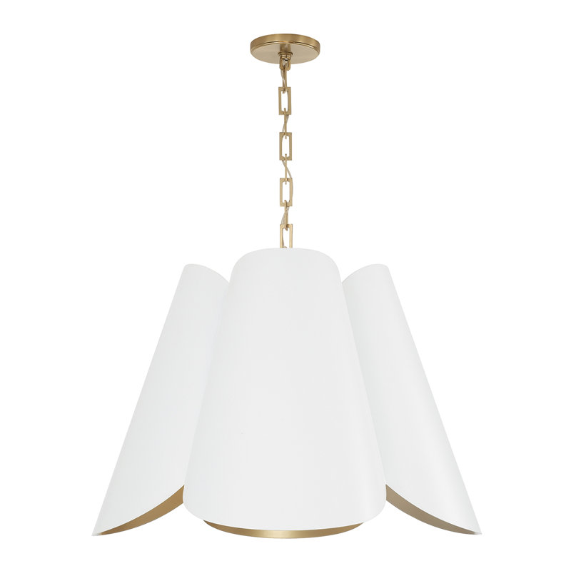 26.75" W x 18.75" H 4-Light Modern Botanical Pendant in Matte White with Painted Matte Brass Interior and Rectangular Designer Chain