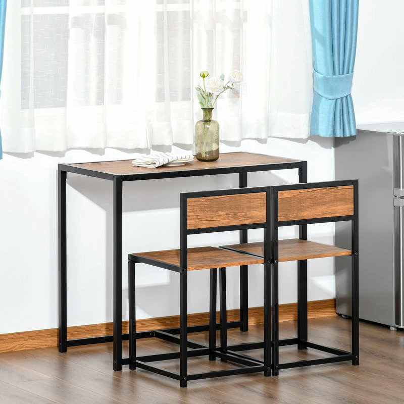 3 tables repas compactes pour 2 personnes, table et chaises de cuisine. Fabrication robuste avec base en acier. Rangement de chaise confortable à dossier bas. De table à rayures. Brun. Assemblage simple. L 35,5 po x l 18,5 po