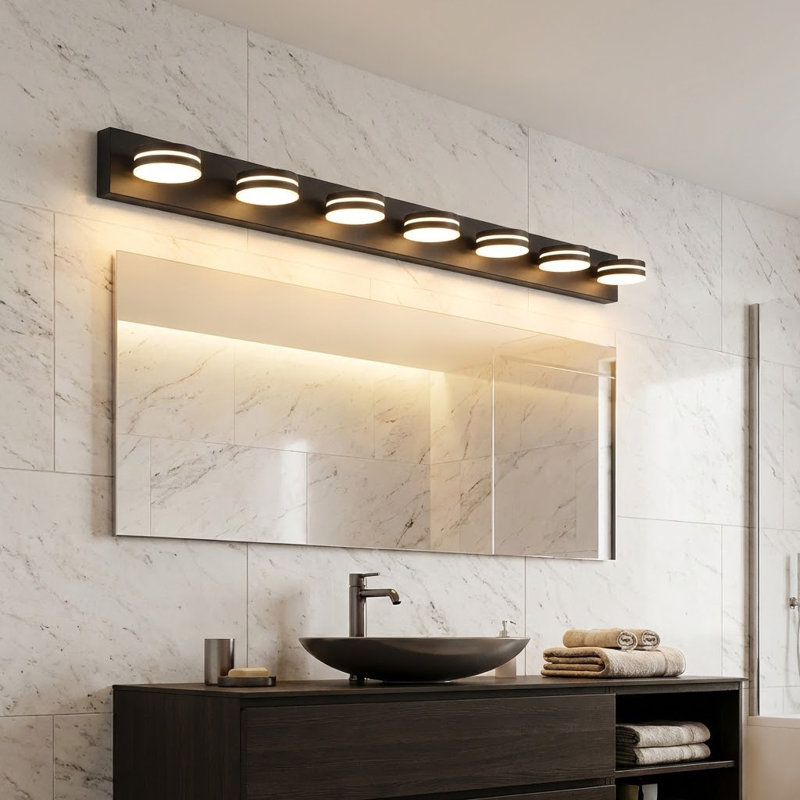 7 Light Modern Dimmable 5CCT LED Bathroom Vanity Light over Mirror, Black, 7