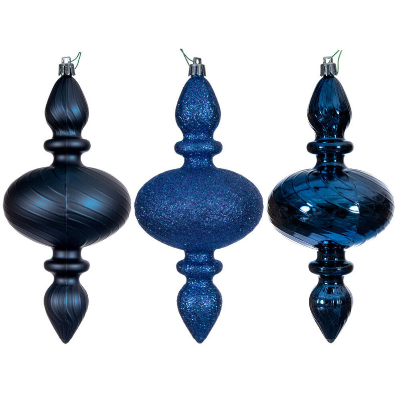 Vickerman 8.2" Swirl Finial Ornament Assortment. One matte, one shiny, and one glitter., Midnight Blue