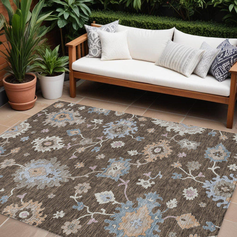 Tapis intérieur lavable floral beige et bleu 9 pi x 12 pi chocolat