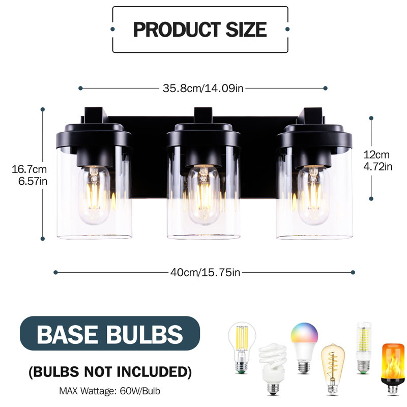 3 lumières de meuble-lavabo de salle de bain noir mat, douilles E26 et base très large pour un éclairage mural stable avec cadre en verre transparent, miroir de galerie d'art idéal dans le couloir