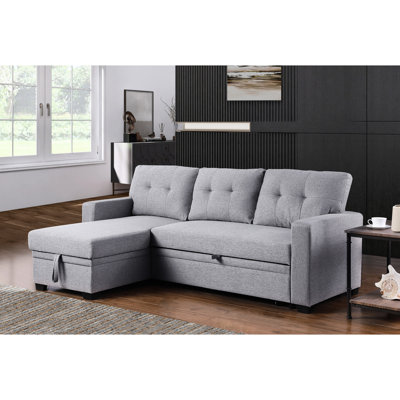 3 places, canapé modulaire escamotable, méridienne de rangement convertible, coussins de dossier amovibles, chambre d'amis confortable, gris, siège en lin gris revêtu de méridienne et de rangement