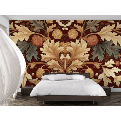 Papier peint mural floral rouge vintage – Papier peint botanique élégant, tapisserie murale spectaculaire pour chambre ou salon Vn845 (adhésif) VN845