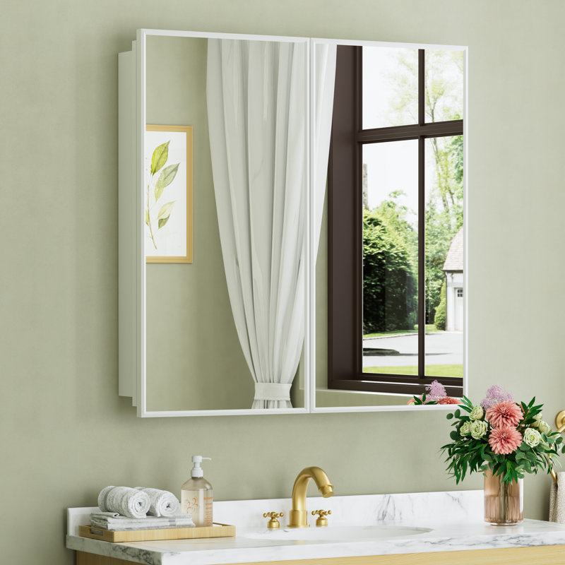 Armoire à pharmacie blanche avec miroir l 30 po x H 30 po, tablettes réglables en verre trempé, grand espace de rangement, encastré ou à fixation en surface