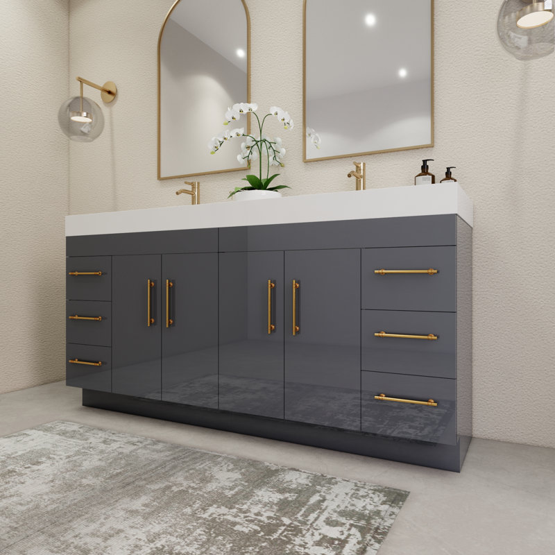 Ensemble de meuble-lavabo double 72 po avec tiroirs et portes, Gris lustré