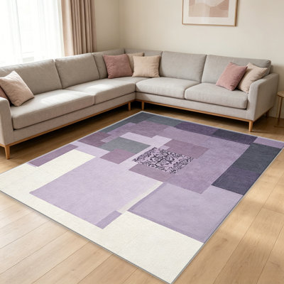 Tapis mauve moderne en patchwork pour le salon, doux et confortable, convient à toutes les saisons, facile à entretenir, tapis de sol intérieur lavable à la machine, sous la table de ferme convenant à la chambre à coucher, à la salle à manger, au bureau, au patio, au balcon, à la décoration intérieure