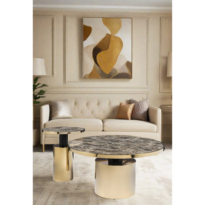 Taylor 2-Piece Coffee Table Set with Marble-Printed Glass Tops – Modern Sculptural Nesting Tables for Living Spaces, Brown