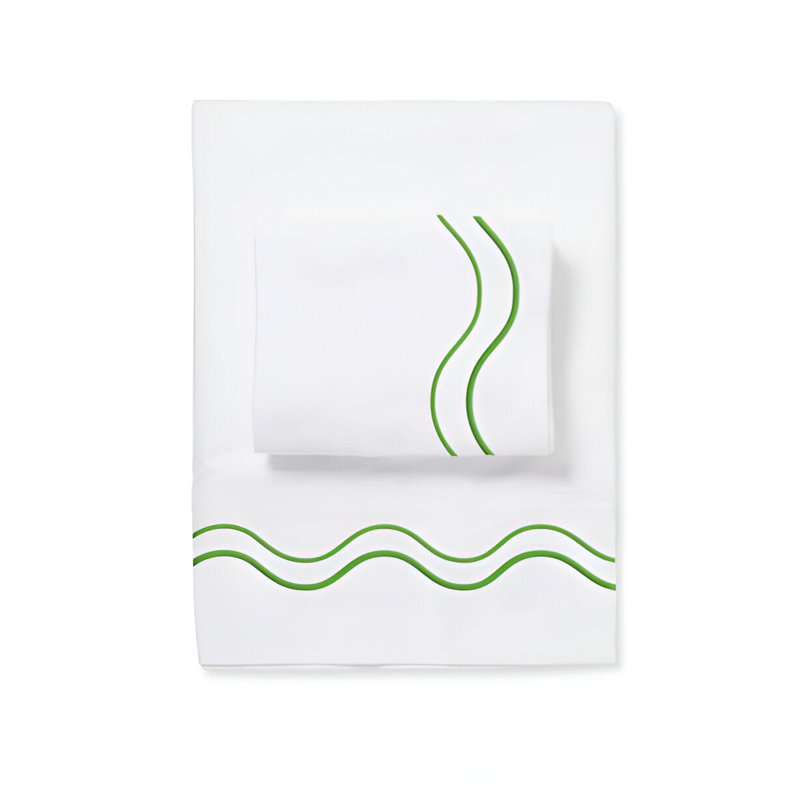 Double Wavy Embroidered Cotton 4 Piece Sheet Set Fitted Sheet Fits Upto 16" Deep Pocket, Parrot Green Border