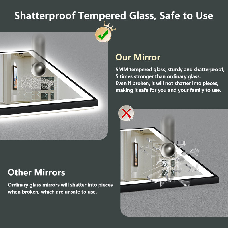 Tyeishia Matte Black Matel Framed LED Bathroom Mirror with Front-lit and Back-lit, Memory Function, 3 Color Temperatures & Dimmable Light, Anti-fog Tempered Glass