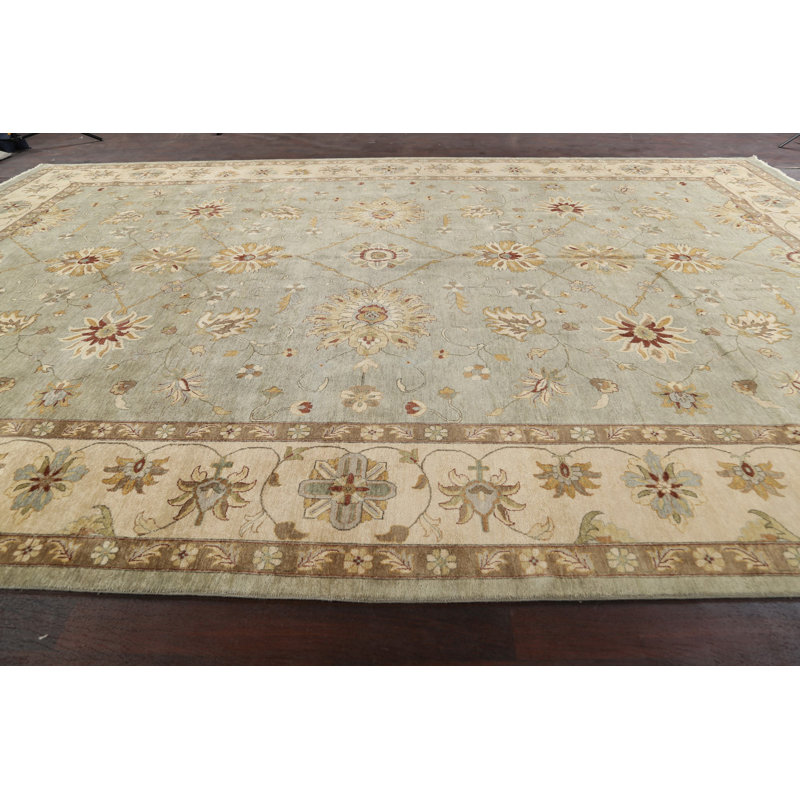 Tapis gris en laine noué à la main de conception unique 12 pi 0 po x 17 pi 10 po