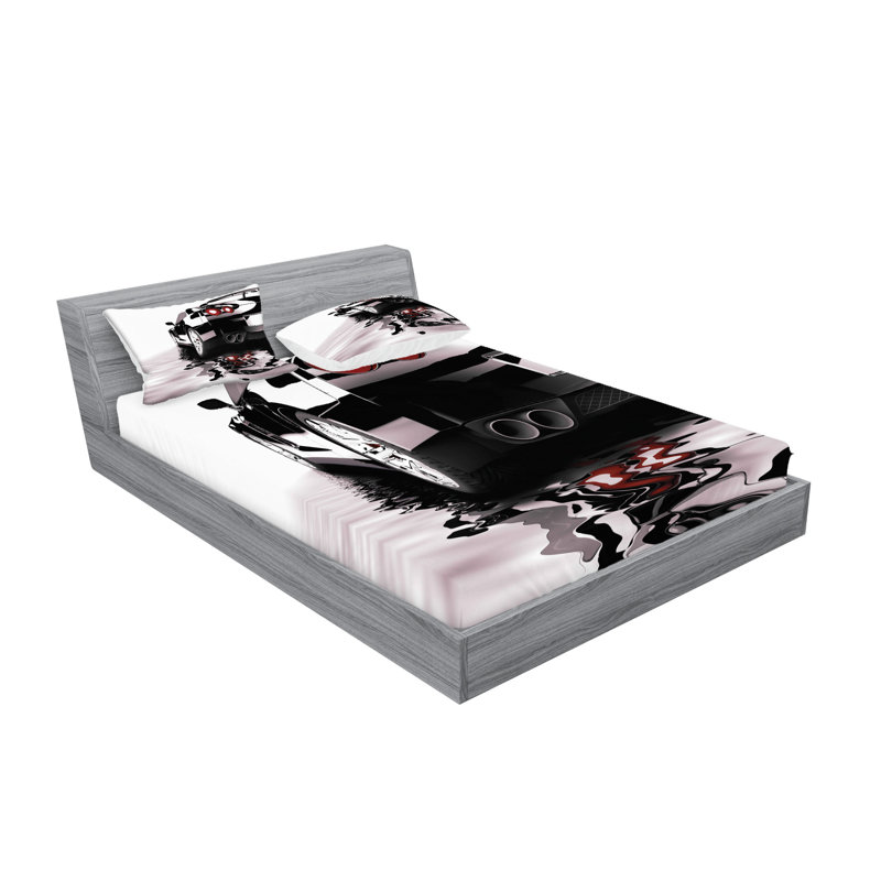 Ambesonne Cars Fitted Sheet & Pillow Sham Black Red White, Full Sheet Set + 5 Additional Pieces