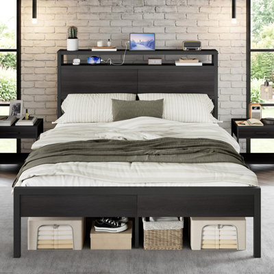 Tryston Bed Frame Industrial Platform Bed with Charging Station