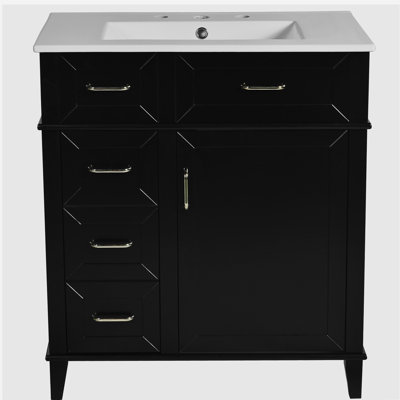 30-inch bathroom sink with ceramic trough, adjustable shelf, soft close door, and three soft close drawers
