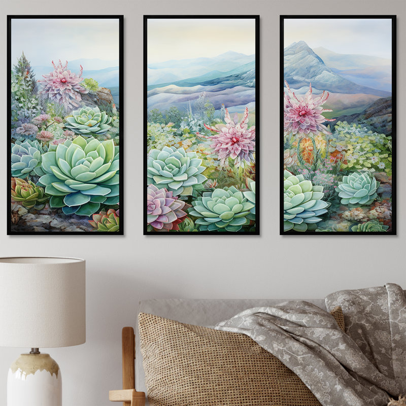 «Green Succulent Desert Charm» - ensemble de salon d'art mural, Cadre flottant noir, H 32 po x l 48 po x P 1 po