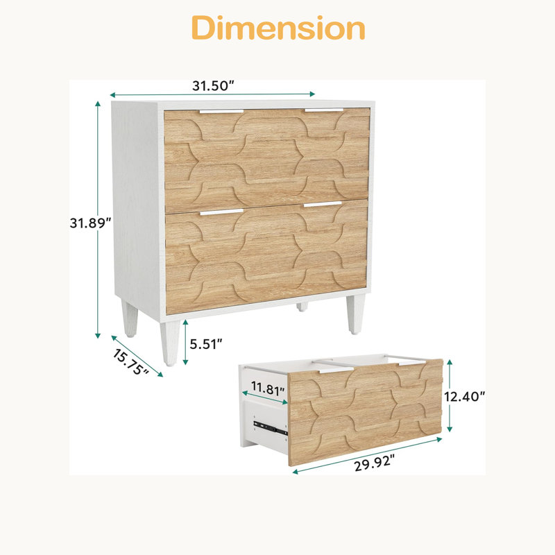 Classeur 2 tiroirs, armoire de rangement spacieuse, Blanc/noyer