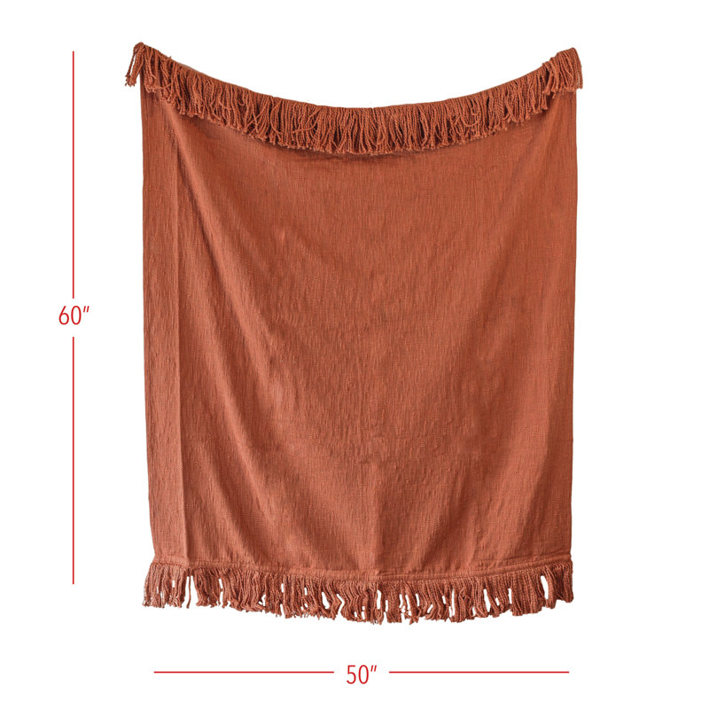 Handwoven Rust Cotton Fringe Throw Blanket