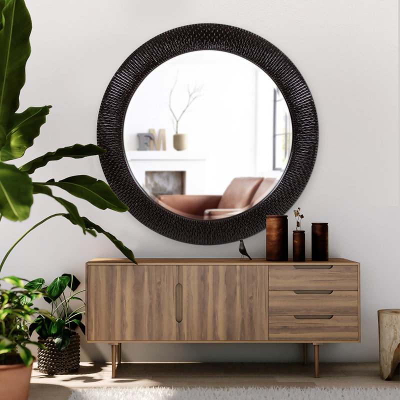 Bergman Round Beveled Mirror, Brushed Silver Leaf with Black Accents, 54"