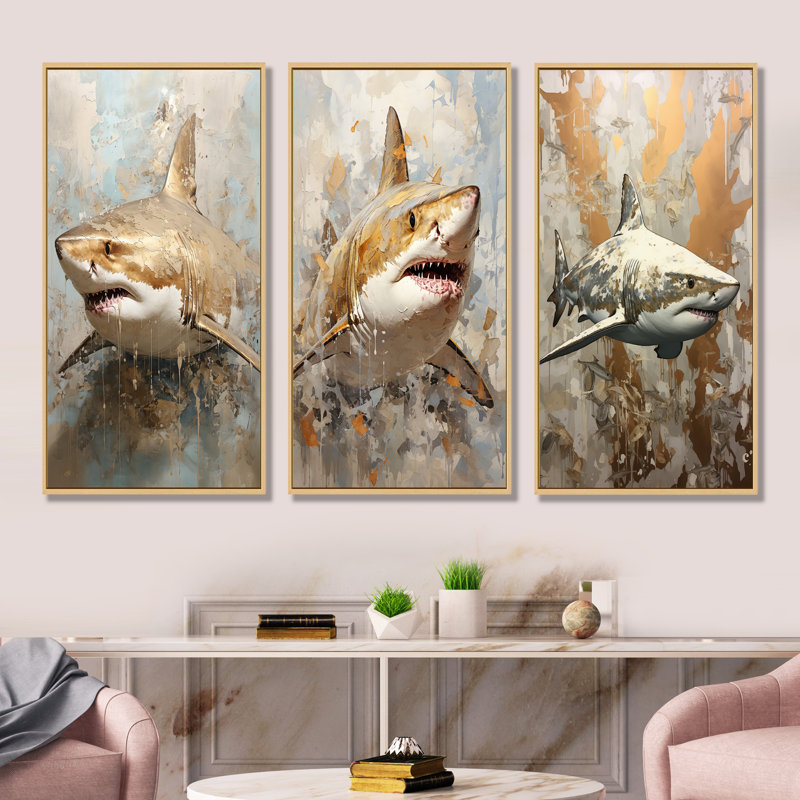 Minimalisme requin, peinture en beige doré - ensemble de 3 impressions d'art de requin, Cadre flottant brun