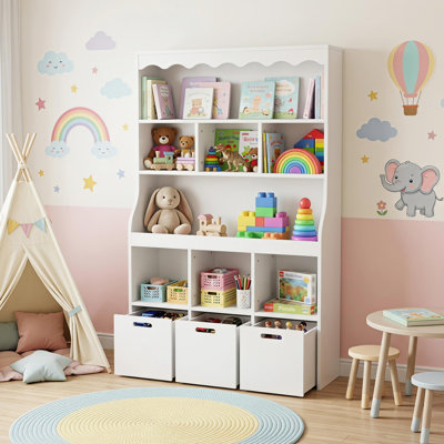 40" White Toy Organizer Bookshelf for Kids, 6 Storage Bins + 3 Drawers, Sturdy Anti-Tip Unit for Playroom