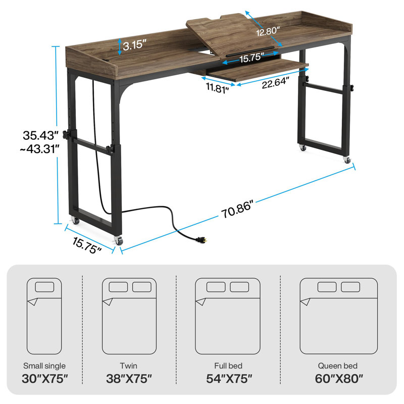 Norocel Adjustable Height Writing Desk with Built-In Electrical Outlet, Brown