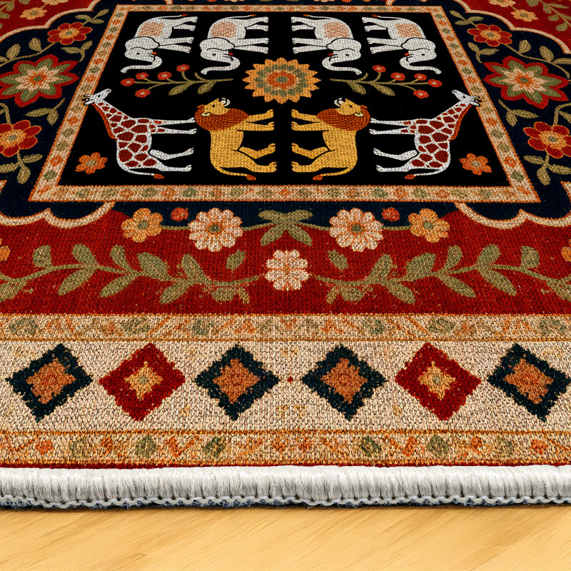Trayas Collection Digital Print Cotton-Polyester Animal Print Colorful Rug, Square 3'4"