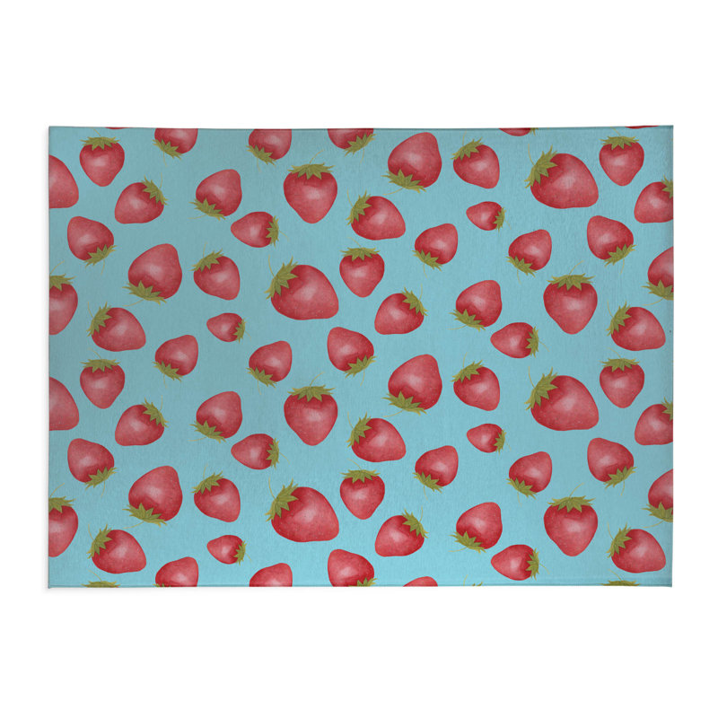 Tapis de cuisine antidérapant Summer Strawberries, Turquoise, Rectangle 5 pi x 7 pi